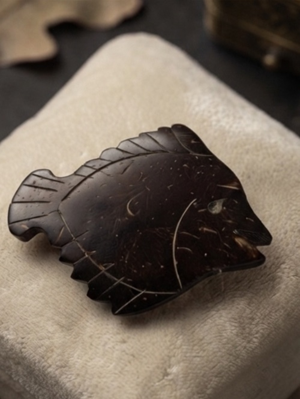 Vintage Carved Coconut Shell Fish Brooch
